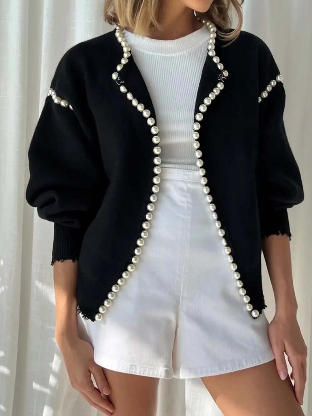 Pearl Trimmed Open Front Cardigan
